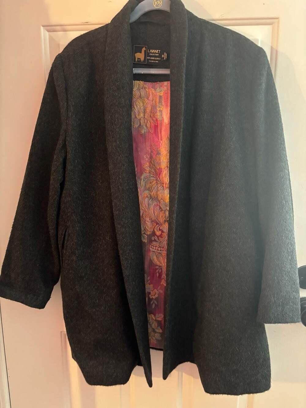 100% Baby Alpaca Dark Grey Open Front Coat with Floral Lining Size M